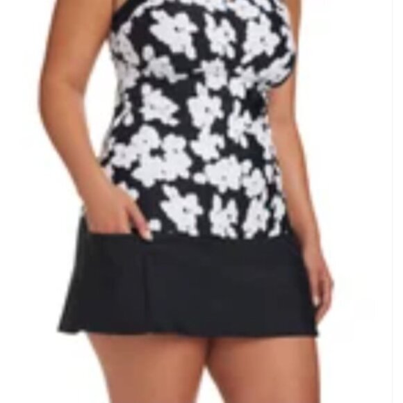 Women's Tankini Swimsuit XL Ellen Tracy Black Floral Swim Skirt Pocket - Picture 4 of 16